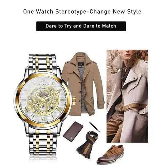 Men's Skeleton Dial Gold Silver Strap Watch 2mm